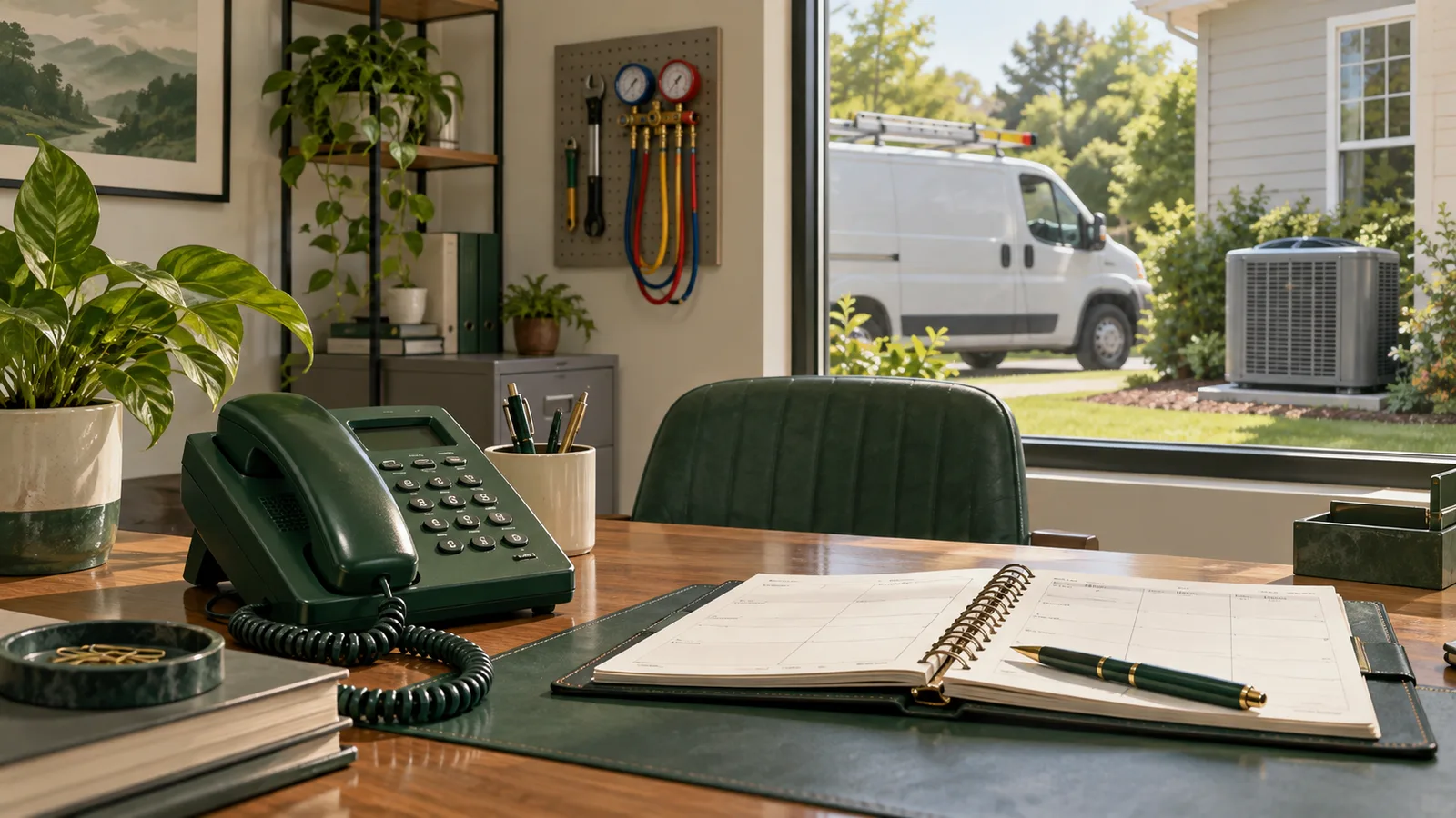 Illustration of an HVAC office phone and planner with a service van and outdoor condenser beyond the window.