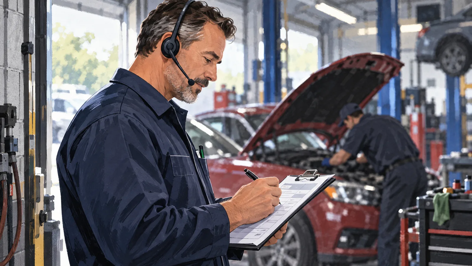 Illustration of an auto service advisor wearing a headset and noting a caller's request beside a repair bay.