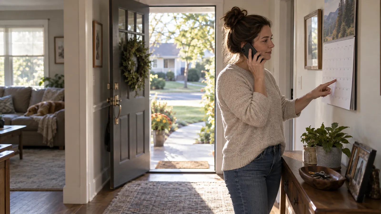 AI-generated illustration: A homeowner speaking on a phone beside the front door and a wall calendar.