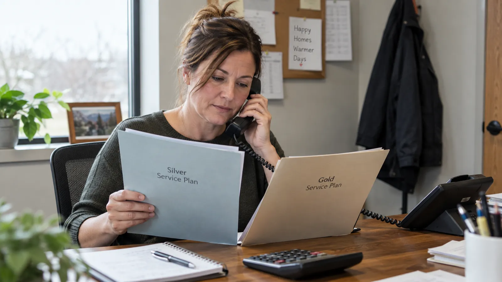 AI-generated illustration: An office team member reviewing maintenance agreement folders while speaking on the phone.
