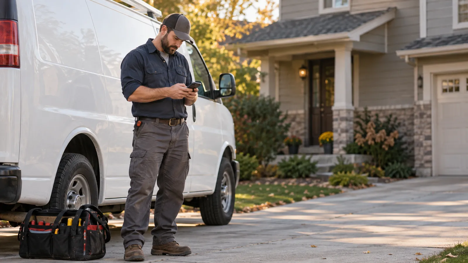 AI-generated illustration: An HVAC technician checking a phone beside a parked service van outside a home.