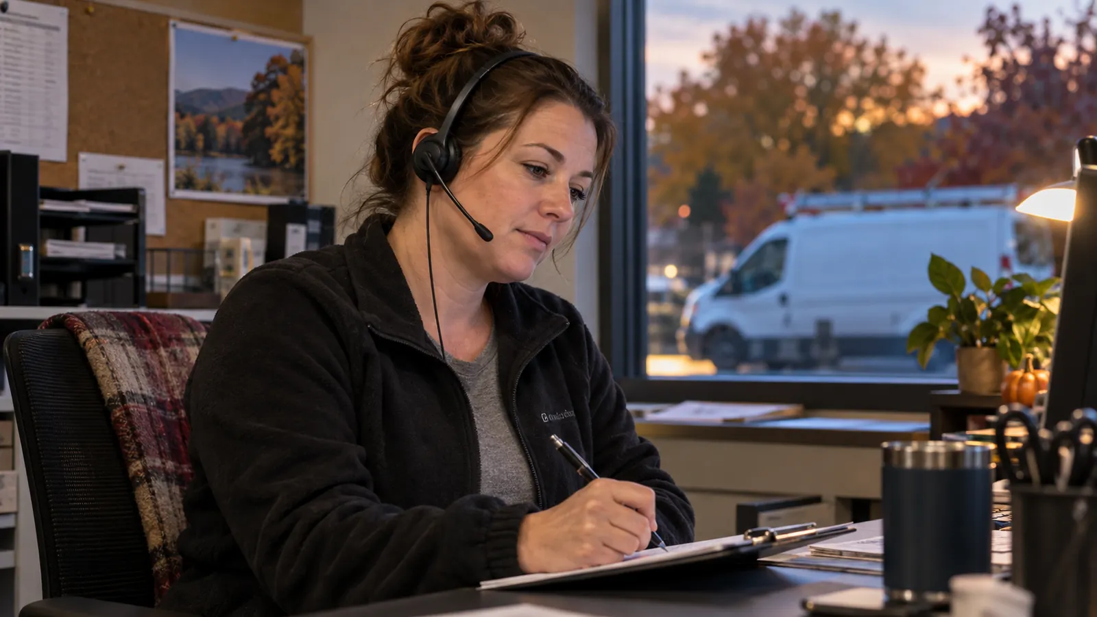 AI-generated illustration: A dispatcher wearing a headset and recording a heating service request on a clipboard.